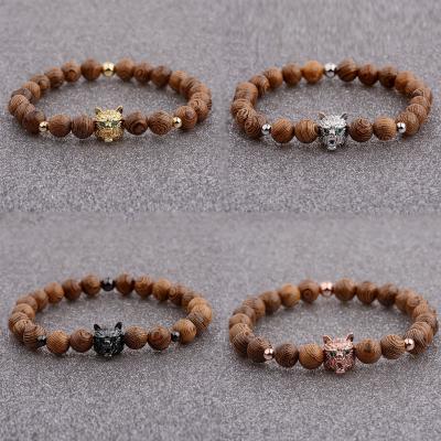 China Douvei CLASSIC Wooden Bead Jewelrys 4 Colors Charm Leopard Head Beads Wooden Bracelets for sale