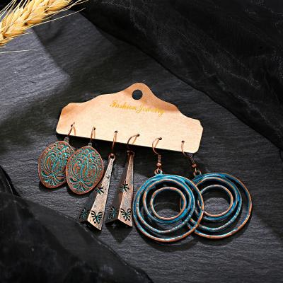 China BOHEMIA INS Hot Selling 3 Pairs Set Charm Bohemian Round Flower Hollow Circle Leaves Tassel Pendants Earrings Set for sale