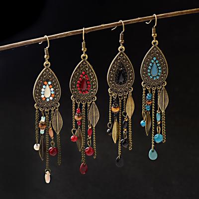 China Bohemian Women's Bohemia Indian Water Jewelry Drop Leaf Metal Earring Long Ethnic Bronze Multicolor Stone Tassel Dangle Earrings for sale