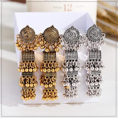 China Fashion Jhumka Style Long Earrings Vintage Gold Color Lock Bead 3 Layer Ethnic Bell Dangle Geometric Pattern Beads Tassel Earring for sale