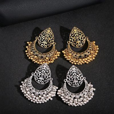 China Jhumka Retro Fashion Moon Shape Alloy Gold Silver Color Pendant Earrings Geometric Hollow Pearl String Tassel Earrings for sale