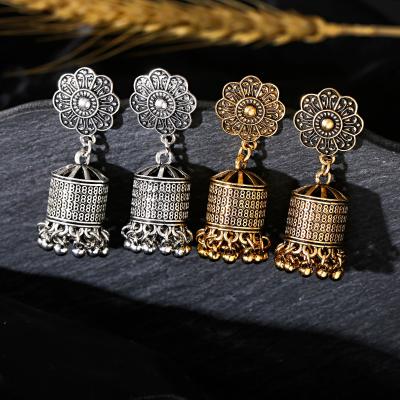 China Vintage Gold Silver Prayer Wheel Ethnic Indian Jhumka Carved Gypsy Bell Jhumka Gypsy Earrings For Women Tibetan Boho Jewelry Earrings for sale