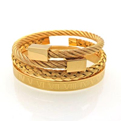 China FASHIONABLE Gold Plated Luxury Bracelet Set Fashion Roman Numeral Bangle + Braided Open Ring + Ring Bangle Gold Men Women Jewelry for sale