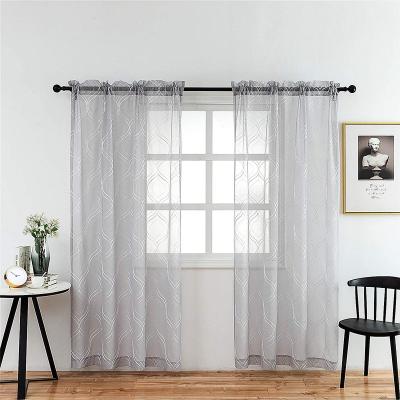 China Semi Ready Blackout Light Gray Sheer Curtains With White Moroccan Embroidered Damask Texture Geometric Rod Voile Tulle Semi Window Treatment for sale