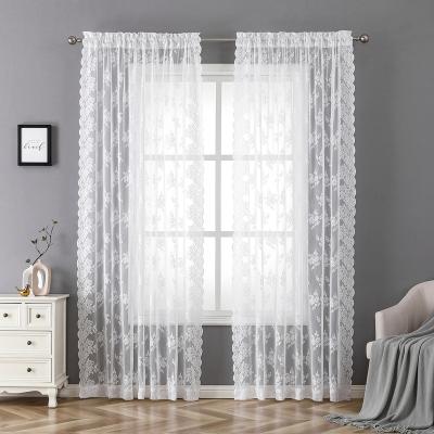 China Semi Blackout Knitted Rose Floral White Lightweight Shabby Chic Sheer Lace Panel Curtains For Living Room, Bedroom for sale