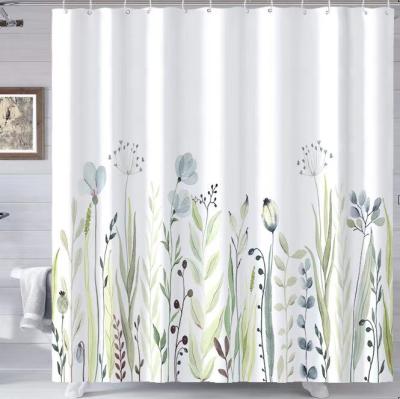 China Semi Blackout Custom Printed Green Leaf Bathroom Waterproof Fabric Shower Curtain for sale