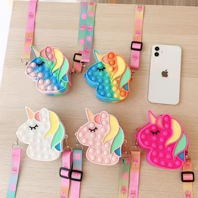 China New Waterproof Cute 3d Cartoon Silicone Unicorn Pop It Wiggle Sling Bag Push Bubble Jumbo Wiggle Person Toy Rainbow Unicorn Pop It Purse for sale