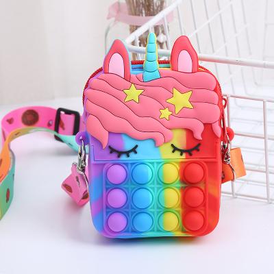 China Little girl silicone rainbow unicorn bubble popit doll bubble sling purse handbag child fidgety person toy push unicorn waterproof little girl pop it coin purse for sale