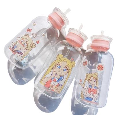 China Viable Japanese Plastic Straw Bottle Cartoon Sailor Moon CIA Student Milk Portable Water Cup Bottle for sale