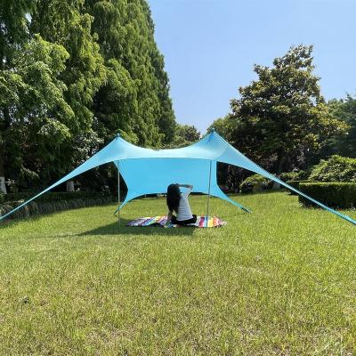 China UPF 50+ light blue sun wind resistance carpa playa family beach tent umbrella canopy 4 pole straight tie type for sale