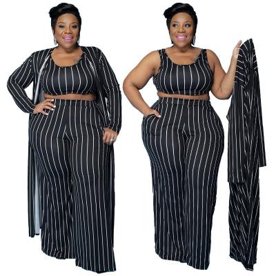 China AutumnPlus Size Workable Lady Spring Sexy Women's Striped Customer Three Piece Suit Women Wide Leg Pants Suits With Coat for sale