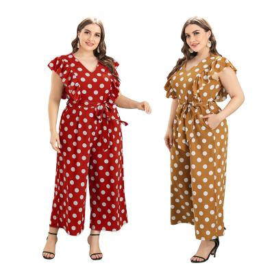 China Wholesale Viable XL-4XL Summer Dress Ladies Casual Plus Size Women Ruffle Polka Dot Wide Leg Jumpsuit for sale