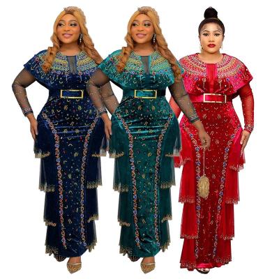 China New Arrival Anti-wrinkle Rhinestone Evening Party Dress African Dresses For Women Velvet Stretch 2022 Maxi Dress With Belt Elegant for sale