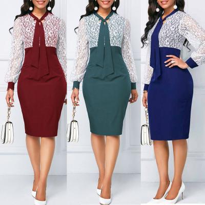 China Anti-wrinkle S-5XL plus size lace collision color pencil pungent elegant career work women dress casual for office ladies wear for sale