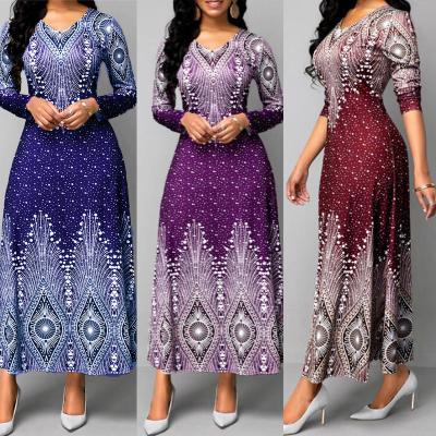 China Viable Newcomers Spring Autumn Women Plus Size Clothing V Neck Vintage Islamic Muslim Print Long Sleeve Maxi Dress for sale