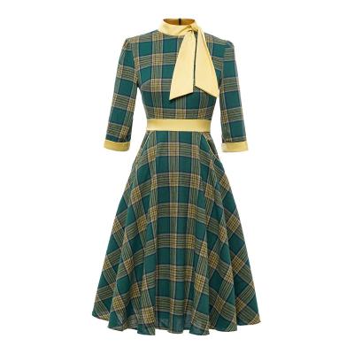 China Autumn Winter Elegant Women's Vintage Breathable 1950s In Long Sleeve Running Knee Length Retro Plaid Style Vintage Dresses for sale