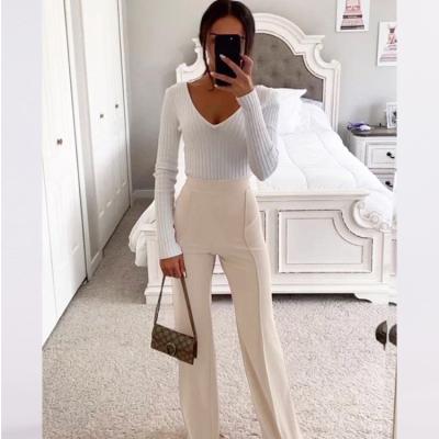 China Anti-Wrinkle Fashion Straight Leg Plus Size Women's Plus Size Women's Trousers Elastic Waist Pants Elegant Office Ladies BeigeTrousers Black White for sale