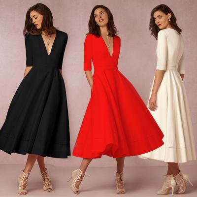 China New High Quality Solid Sexy Deep V-Neck Half Sleeve A Line Lady Anti-wrinkle Women Elegant Soild Color Dresses Women in White for sale