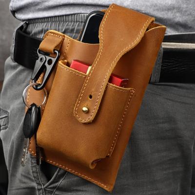 China Crazy Horse Retro Genuine Leather Men's Waist Belt Pouch Buckle Waist Bag Outdoor Portable Cell Phone Hanging Holder Case with Key Holder for sale