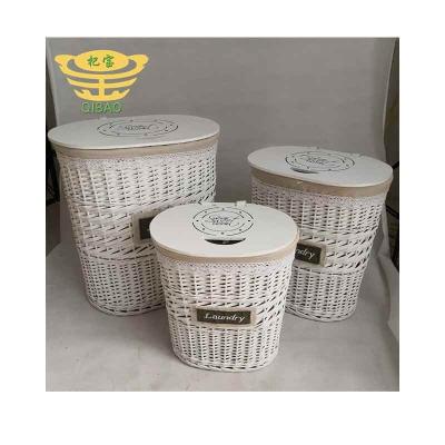 China Modern and Fashionable Modern Wicker Woven Laundry Hamper 3 Pieces Set Storage High Quality Convenient Foldable Laundry Hamper with Wooden Cover for sale