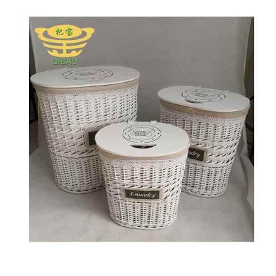 China Nordic modern style and fashionable wicker woven laundry basket 3 pieces storage stackable laundry basket with wooden cover for sale