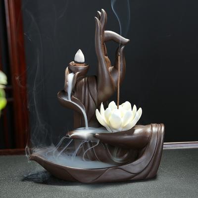 China Chinese Purple Ceramic Censer Holder Clay Backflow Incense Burner Buddha Hands Incense Decoration Crafts for sale