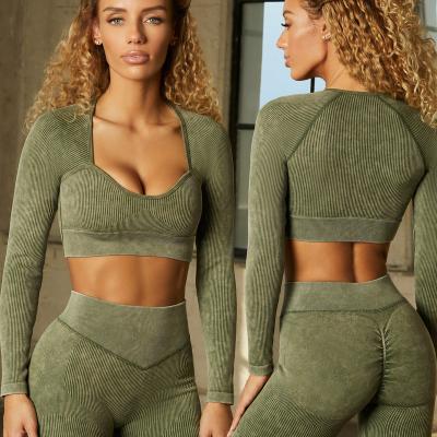 China 2022 AW New Ins Breathable Seamless Yoga Wear Sets Womens Long Sleeved Sports Fitness Wear High Waist Hip Pants Brand Logo Customization for sale