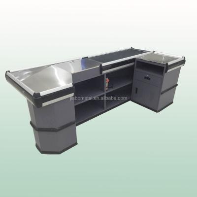 China Corrsion Protection Electric checkout counter with gray color and conveyor belt / high quality checkout counter for sale