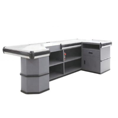 China Corrsion Protection Supermarket Checkout Counter with Conveyor Belt, Electric Cashier Counter with Belt, Hot Selling Cashier Table for sale