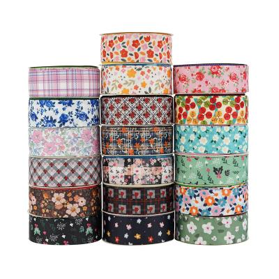 China Bright Color Stability Midi Ribbons Heat Transfer Printing Grosgrain Ribbon Plaid Flower Pattern Diy Holiday Decoration Sewing Ribbon for sale