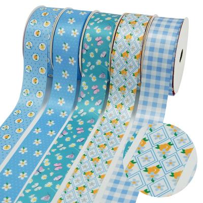 China Bright Color Fastness Midi Sublimation Printed Flower Butterfly Dishonest Customized Blue Satin Ribbon For Bows Sewing Handmade for sale