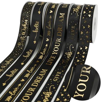 China Custom 25mm Midi Ribbons Gold Foil Print Eco-Friendly Customized Satin Pure Diy Bouquet Wrapping Ribbon Gift for sale