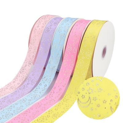 China High Quality Midi Ribbons High Quality Dye Gold Foil Print Star Moon 38mm Grosgrain Gift Ribbon for sale