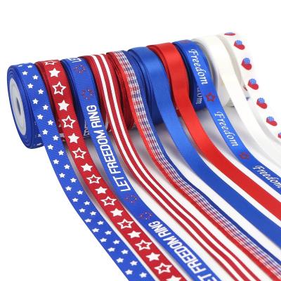 China Bright Color Stability Midi Ribbons Supplier Ink Heat Transfer 4th of July Patriotic Stars Printing Customized Satin Grosgrain USA Flag Ribbon for sale