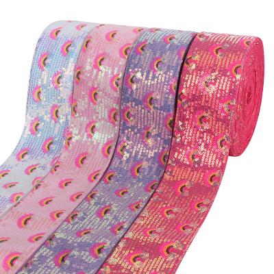 China Wholesale Fashion Midi Factory Stock 38-75mm Sequin Ribbon Rainbow Pattern Sequin Tulle Fabric For Girls Hair Dress Decoration Headband for sale