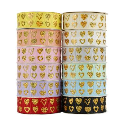 China Valentine's Day Midi Ribbons Gold Foil 3d Love Heart Printing Grosgrain Ribbon Ribbon For Hair Gift Accessories Crafts for sale