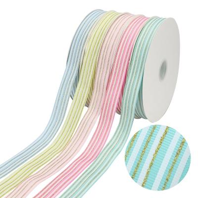 China Stock Sale Of Midi Eco-friendly Ribbons 1 Inch Gold Glitter And Ink Printing Stripe Grosgrain Ribbon With Sublimation Printed Brand Logo for sale