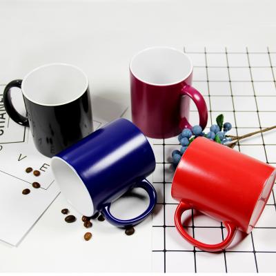 China Custom 11oz coffee round handle heart magic mug blue red black workable for sublimation heat transfer printing for sale