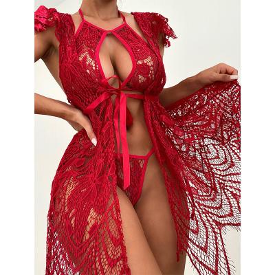 China Sexy Beachwear Mesh Sleepwear Vintage Robe Summer Long Robe Dressing Gown Lace Mature Women Sexy Lingerie for sale