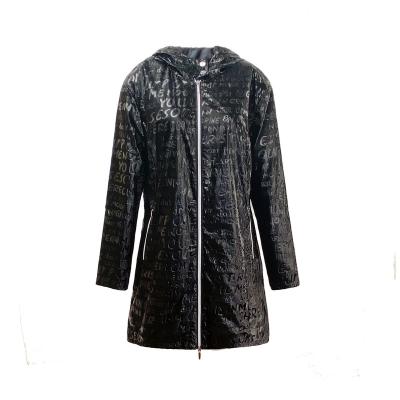 China Waterproof 2023 new  woman spring summer letter print coated shiny fabric casual jackets sleeve roll up hooded Outdoor water repellent for sale