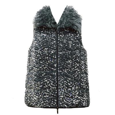 China Sequins embroidery quilting 2023 new  women  Autumn spring  Polyester velvet  sequins quilted padded  vests faux fur collar custom logo for sale