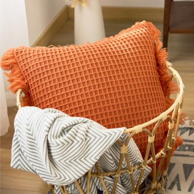 China PORTABLE modern cream waffle knitted cushion cotton throw embroidery washable pillow cover with beige fringe for sale