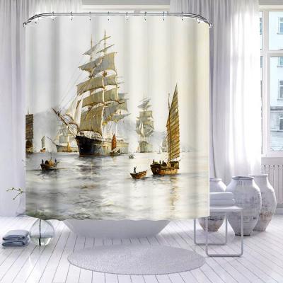 China Sailboat Pattern Polyester Luxury Hotel Sustainable Elegant Custom Printed Waterproof Shower Curtain For Bathroom for sale