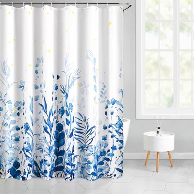 China Sustainable Bathroom Polyester Printed Plant Bath Decorative Washable Floral Thickened Shower Curtains With Rings for sale