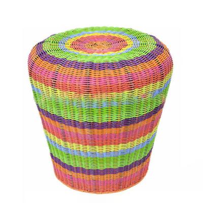 China Colorful And Eco-friendly Handmade Round Shaped Colorful PE Plastic Rattan Home Furniture Stool Handmade Plastic Stool for sale