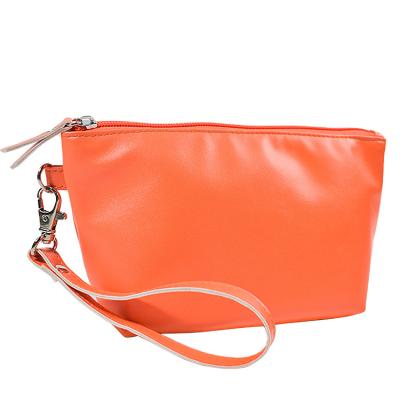 China Waterproof PU Leather Cosmetic Bags PU Outdoor Travel Bag Makeup Cosmetic Leather Bag With Wrist Band for sale