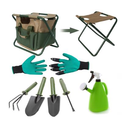 China Detachable Garden Folding Stools Garden Shovel Rake 7 Pieces Watering Box Gardening Tool Kit for sale