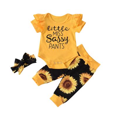 China Casual 3pcs Set Babies Clothing Sunflower Printed Baby Romper Set for sale