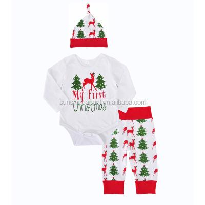 China Polyester/Cotton Christmas Letter Romper Set Newborn Baby Clothing Set 3pcs for sale