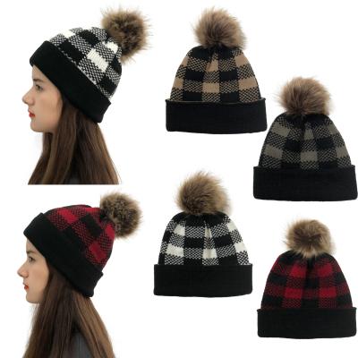 China breathable & Christmas Gift Fashion Women Grid Waterproof Winter Knitted Hats With Pom Pom for sale